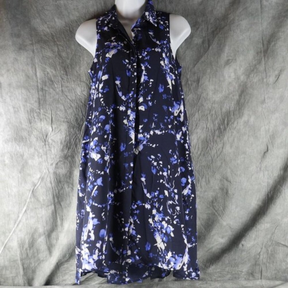 NWT ADRIANNA PAPELL Blue Floral SLEEVELESS COLLARED‎ MERMAID HEM SHIRT DRESS ANB